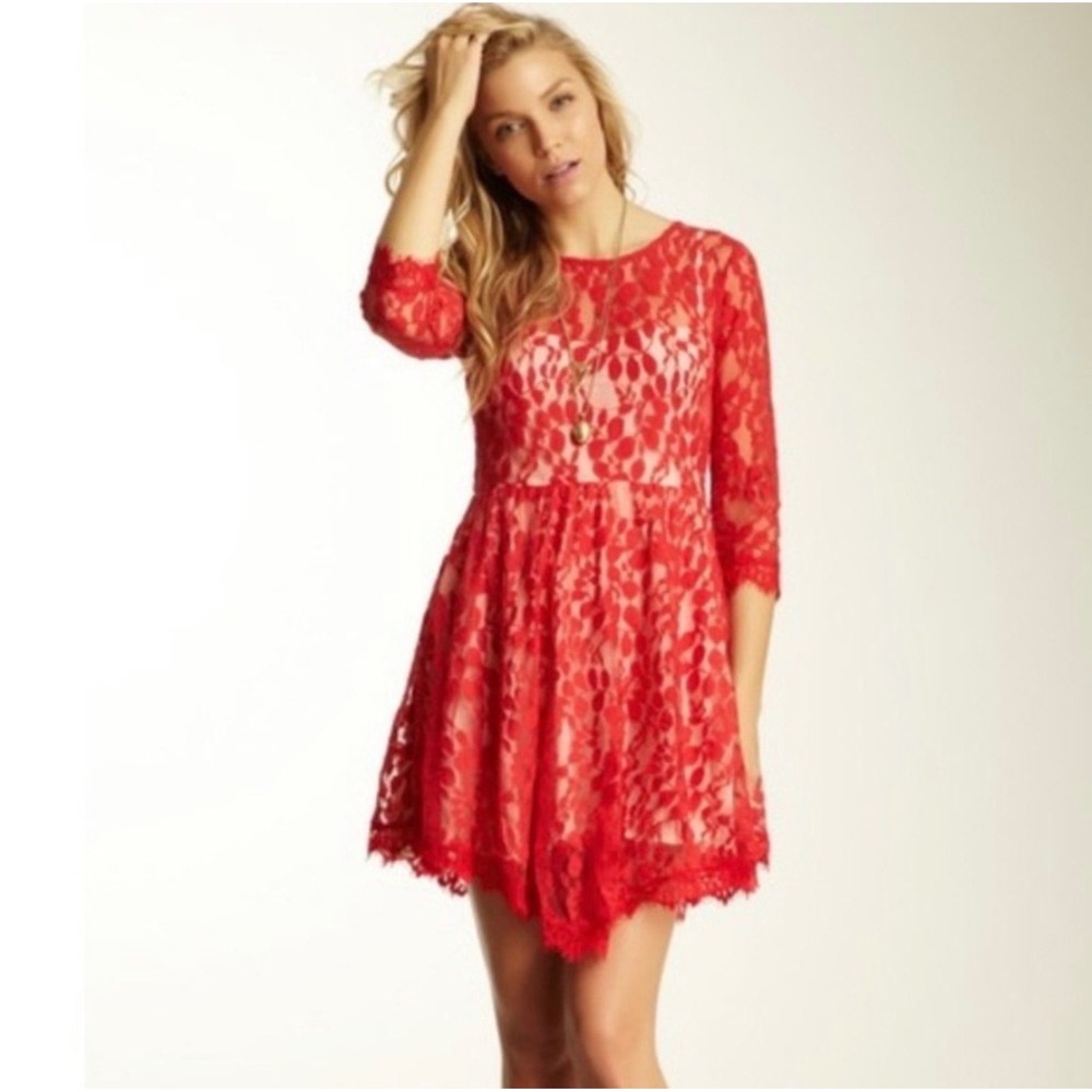 Free People Red Floral Mesh Lace Dress 3/4 Sleeves Asymmetrical Hem Size 8